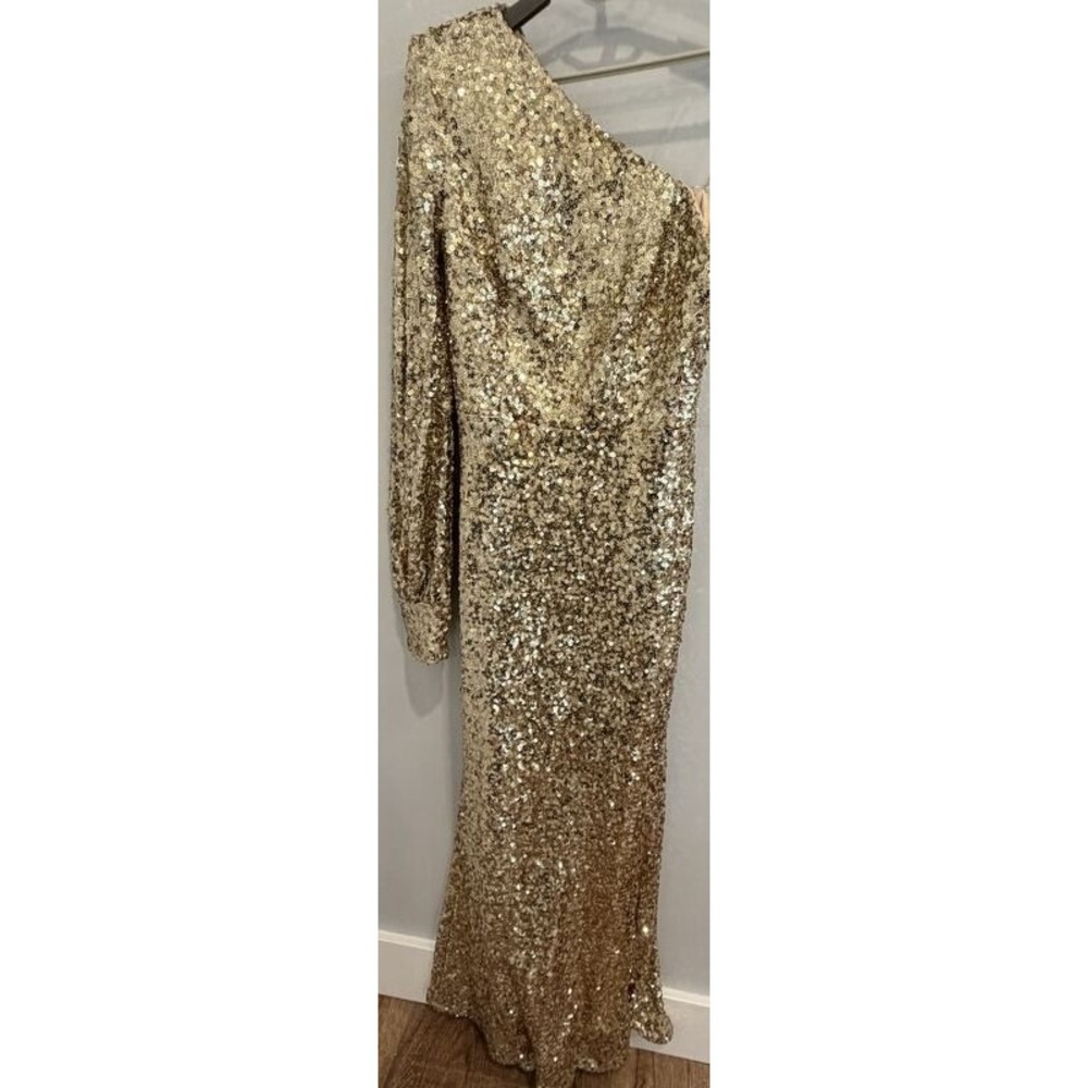 Ieena for Mac Duggal Gold Sequined One Shoulder Bishop Sleeve Trumpet Gown 8